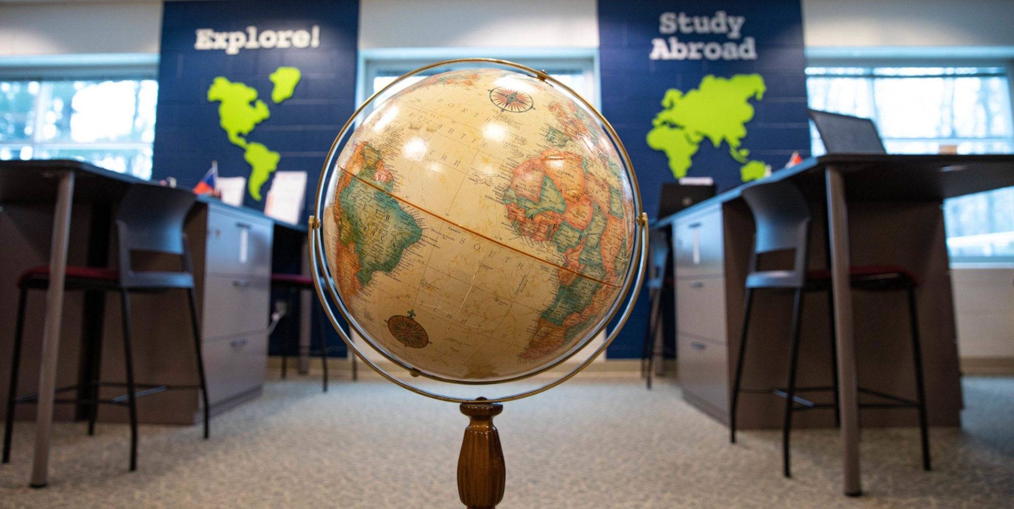 A globe in the Padnos International Center is pictured; winter semester study abroad programs have been suspended.